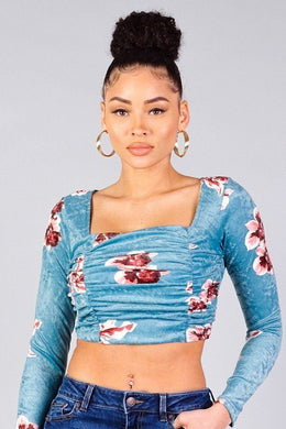 Ruched Velvet Floral Back Tie Crop Top