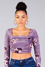 Load image into Gallery viewer, Ruched Velvet Floral Back Tie Crop Top