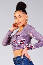 Load image into Gallery viewer, Ruched Velvet Floral Back Tie Crop Top