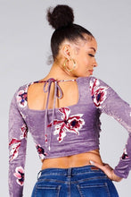 Load image into Gallery viewer, Ruched Velvet Floral Back Tie Crop Top