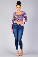 Load image into Gallery viewer, Ruched Velvet Floral Back Tie Crop Top