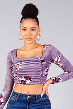 Load image into Gallery viewer, Ruched Velvet Floral Back Tie Crop Top