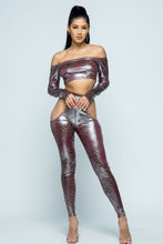 Load image into Gallery viewer, Snake Foil Print Off Shoulder Long Sleeve Top With Waist Band Under Side Cut Open Pants Set