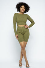 Load image into Gallery viewer, Knit Long Sleeve Cropped Top Knit High-waist Biker Shorts Set