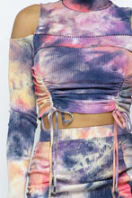 Load image into Gallery viewer, Tie Dye Open Shoulder Long Sleeve Top And Matching Skirt W Ruching Details
