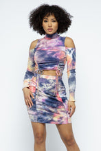 Load image into Gallery viewer, Tie Dye Open Shoulder Long Sleeve Top And Matching Skirt W Ruching Details