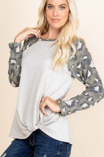 Load image into Gallery viewer, Casual French Terry Side Twist Top With Animal Print Long Sleeves