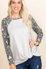 Load image into Gallery viewer, Casual French Terry Side Twist Top With Animal Print Long Sleeves