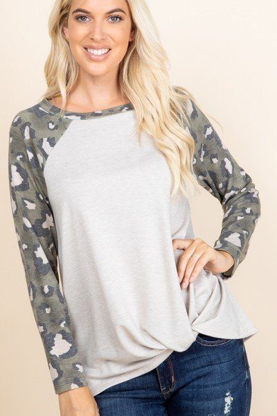 Casual French Terry Side Twist Top With Animal Print Long Sleeves