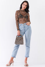Load image into Gallery viewer, Taupe Brown Jaguar Print Sheer Mesh Mock Neck Long Sleeve Bodysuit