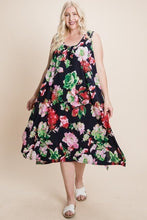 Load image into Gallery viewer, Plus Size Floral Bulgari Printed Tank Midi Dress With Asymmetrical Hem