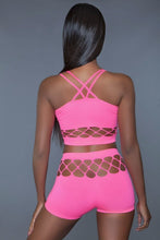 Load image into Gallery viewer, 2 pc silk fishnet set that includes a tank crop top with criss-cross cami straps and a pair of high waisted booty shorts