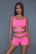 Load image into Gallery viewer, 2 pc silk fishnet set that includes a tank crop top with criss-cross cami straps and a pair of high waisted booty shorts