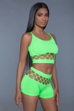 Load image into Gallery viewer, 2 pc silk fishnet set that includes a tank crop top with criss-cross cami straps and a pair of high waisted booty shorts.