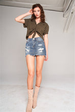 Load image into Gallery viewer, Medium Blue Washed Denim Ripped High Waist Raw Hem Detail Mini Skirt