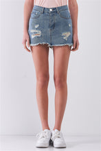 Load image into Gallery viewer, Medium Blue Washed Denim Ripped High Waist Raw Hem Detail Mini Skirt
