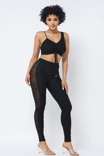 Load image into Gallery viewer, Mesh Strappy Adjustable Ruched Crop Top With Matching See Through Side Panel Leggings