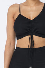Load image into Gallery viewer, Mesh Strappy Adjustable Ruched Crop Top With Matching See Through Side Panel Leggings