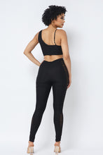 Load image into Gallery viewer, Mesh Strappy Adjustable Ruched Crop Top With Matching See Through Side Panel Leggings