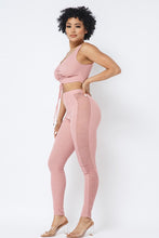 Load image into Gallery viewer, Mesh Strappy Adjustable Ruched Crop Top With Matching See Through Side Panel Leggings