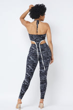 Load image into Gallery viewer, Mesh Print Crop Top With Plastic Chain Halter Neck With Matching Leggings