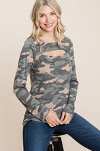 Load image into Gallery viewer, Army Camo Printed Cut Out Neckline Long Sleeves Casual Basic Top