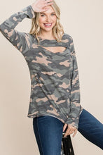 Load image into Gallery viewer, Army Camo Printed Cut Out Neckline Long Sleeves Casual Basic Top