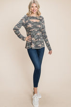 Load image into Gallery viewer, Army Camo Printed Cut Out Neckline Long Sleeves Casual Basic Top
