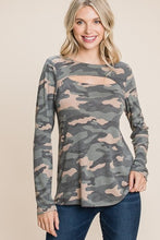 Load image into Gallery viewer, Army Camo Printed Cut Out Neckline Long Sleeves Casual Basic Top
