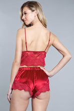 Load image into Gallery viewer, 2 Piece. Lace Detail Croptop, Adjustable Straps And Satin With Inseam Lace Shorts