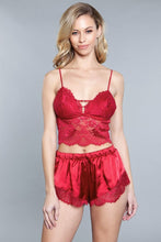 Load image into Gallery viewer, 2 Piece. Lace Detail Croptop, Adjustable Straps And Satin With Inseam Lace Shorts