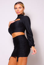 Load image into Gallery viewer, Puff Long Sleeve Front Cutout Turtleneck Blouse &amp; Side Ruched Garter Mini Skirt Set