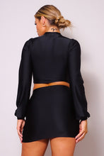 Load image into Gallery viewer, Puff Long Sleeve Front Cutout Turtleneck Blouse &amp; Side Ruched Garter Mini Skirt Set