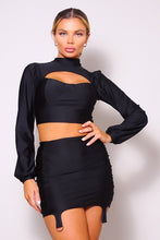 Load image into Gallery viewer, Puff Long Sleeve Front Cutout Turtleneck Blouse &amp; Side Ruched Garter Mini Skirt Set