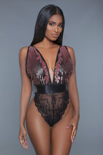 Load image into Gallery viewer, 1 Pc. Cut-out Lace Bottoms With Raspberry-pink Sequins Plunging Sheer Neckline