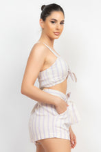 Load image into Gallery viewer, Tie-front Striped Crop Top &amp; Belted Shorts Set