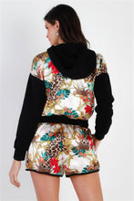 Load image into Gallery viewer, Black &amp; Ivory Satin Effect Animal Print Hooded Top &amp; Short Set