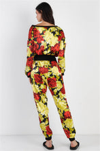 Load image into Gallery viewer, Black &amp; Satin Effect Red &amp; Lime Floral Print V-neck Top &amp; Pants Set
