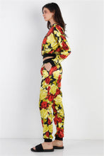 Load image into Gallery viewer, Black &amp; Satin Effect Red &amp; Lime Floral Print V-neck Top &amp; Pants Set