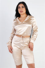 Load image into Gallery viewer, Satin Lace Details Long Sleeve Hooded Crop Top &amp; Biker Short Set