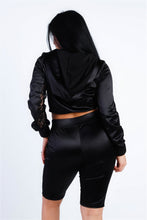 Load image into Gallery viewer, Satin Lace Details Long Sleeve Hooded Crop Top &amp; Biker Short Set