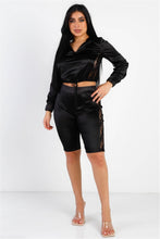 Load image into Gallery viewer, Satin Lace Details Long Sleeve Hooded Crop Top &amp; Biker Short Set