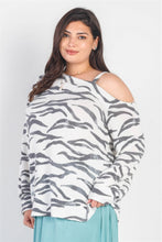 Load image into Gallery viewer, Plus White &amp; Charcoal Zebra Flannel Cold Shoulder Long Sleeve Top