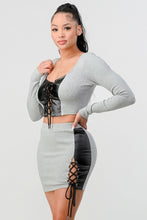 Load image into Gallery viewer, 2 Piece Set With Cropped Long Sleeve Shirt With Pu Leather Detail Matching Mini Skirt