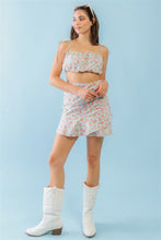 Load image into Gallery viewer, Mint Fuchsia Print Cotton Sleeveless Strappy Crop Top &amp; High Waist Wrap Hem Mini Skirt Set