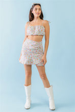 Load image into Gallery viewer, Mint Fuchsia Print Cotton Sleeveless Strappy Crop Top &amp; High Waist Wrap Hem Mini Skirt Set
