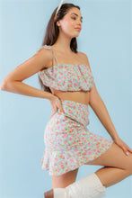 Load image into Gallery viewer, Mint Fuchsia Print Cotton Sleeveless Strappy Crop Top &amp; High Waist Wrap Hem Mini Skirt Set