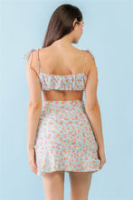 Load image into Gallery viewer, Mint Fuchsia Print Cotton Sleeveless Strappy Crop Top &amp; High Waist Wrap Hem Mini Skirt Set