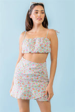 Load image into Gallery viewer, Mint Fuchsia Print Cotton Sleeveless Strappy Crop Top &amp; High Waist Wrap Hem Mini Skirt Set