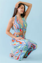 Load image into Gallery viewer, Multicolor Abstract Print Halter V-neck Ruched Open Back Crop Top &amp; High Waist Pants Set